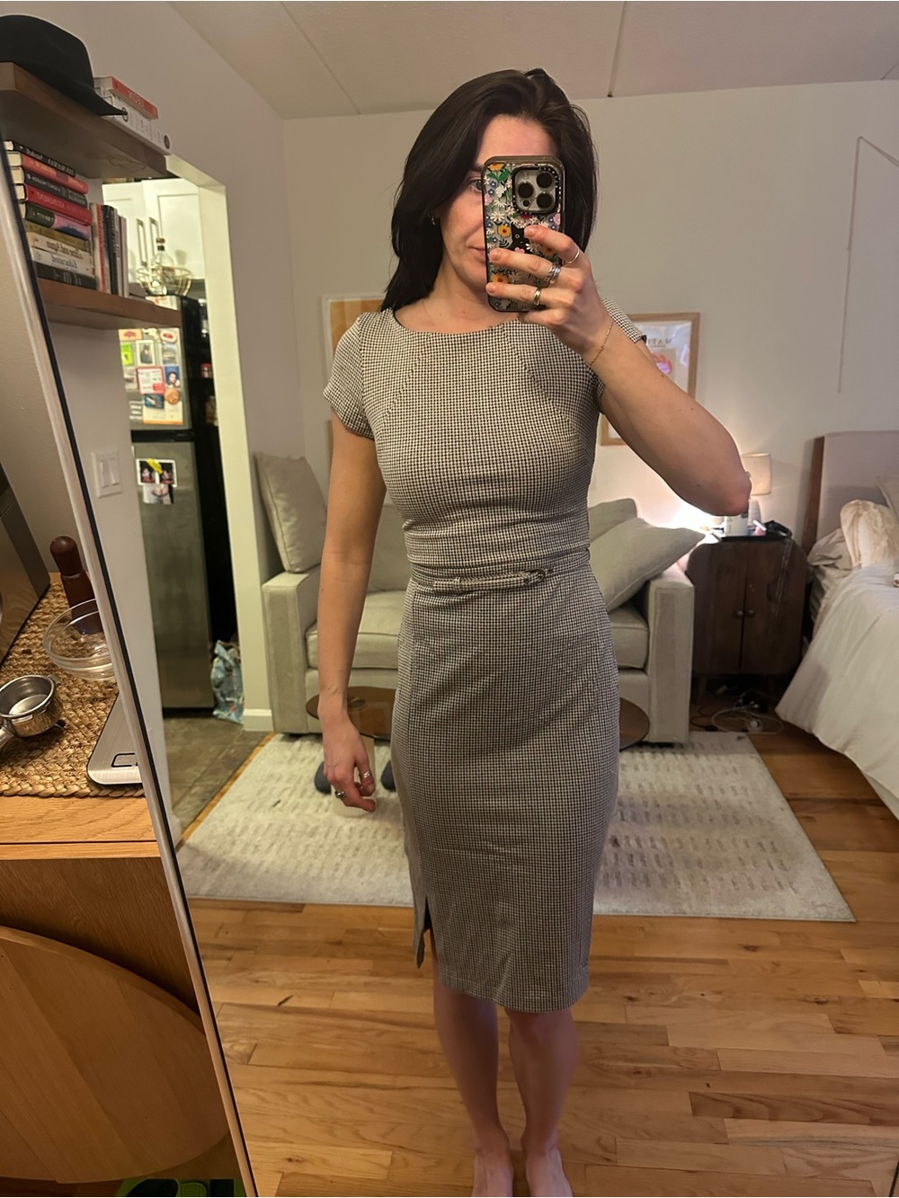 Express Gray Micro-Check Cap-Sleeve Midi Dress